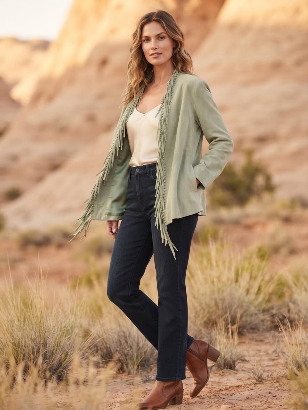 Dialogue Green Suede Leather Fringe Jacket Size 1X Lined Open Front Mid-Length